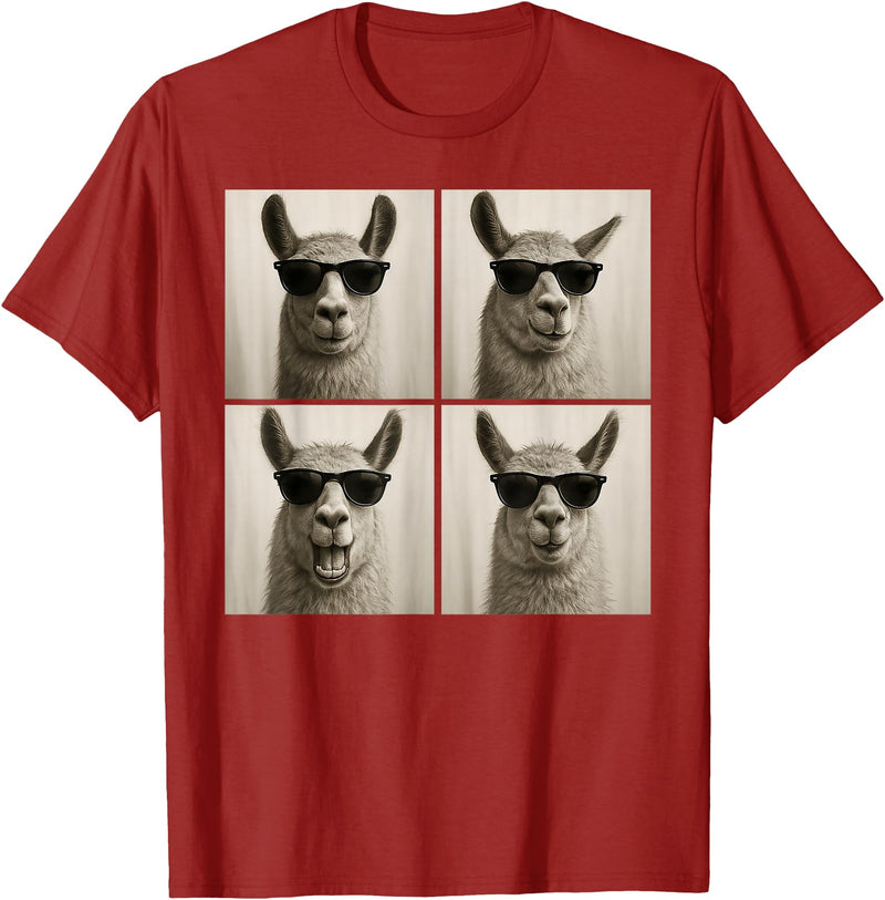 Retro Llama Portrait with Sunglasses Funny Llama Lover Cute Llama Photo Booth T-Shirt - Cranberry Red