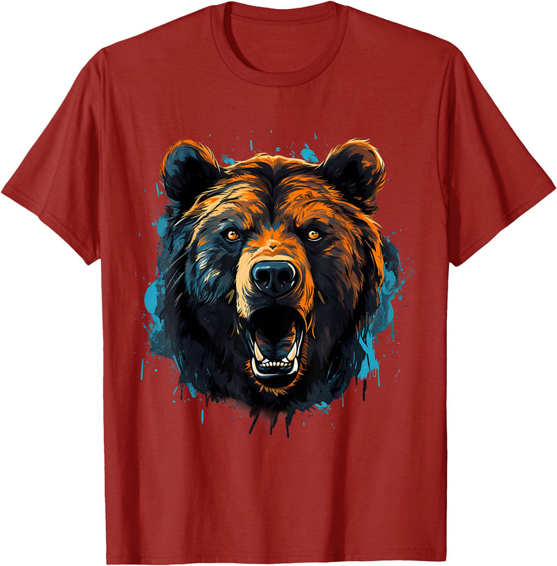 Forest Animal Art Bear Portrait Splash Forest Artwork Animal Lovers Motif T-Shirt - Cranberry Red