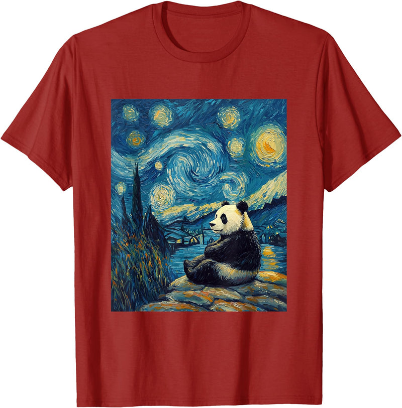 Bear Designs. Cute Panda Bear Van Gogh Style Starry Night Graphic T-Shirt - Cranberry Red