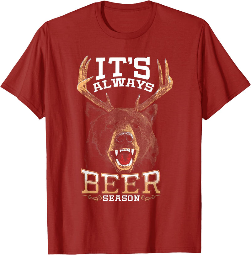 Hunted Apparel It's Always Beer Season Bear Deer Beer Funny Hunter Hunting T-Shirt - Cranberry Red