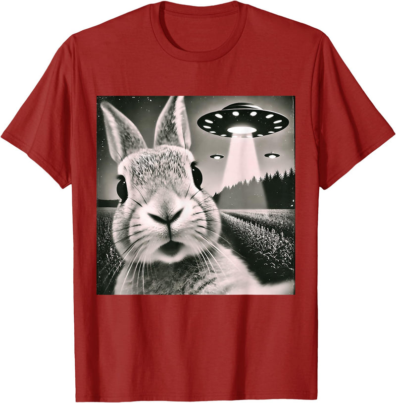 Funny Rabbit Bunny Selfie UFOs T-Shirt in Cranberry Red