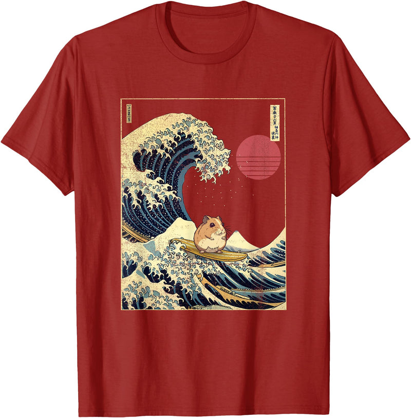 Hamster Kanagawa Wave Funny Surf Animal T-Shirt - Cranberry Red