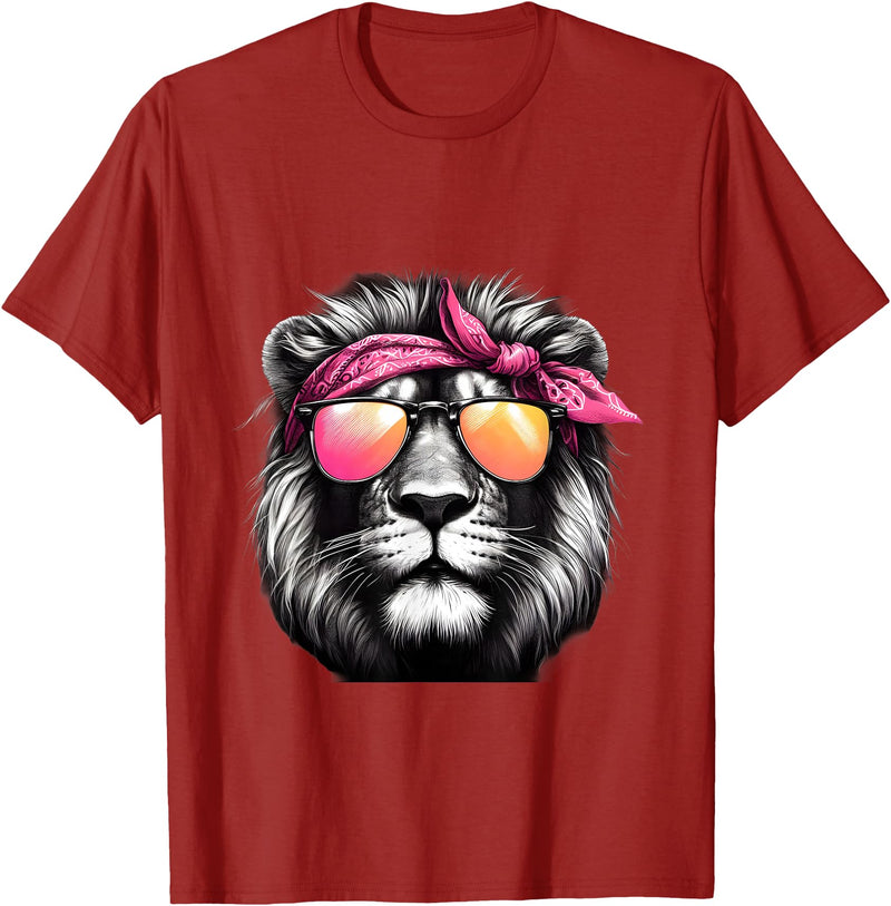 Fashionable Animals Wearing Pink Bandanas Lion Wearing a Pink Bandana Headband and Sunglasses T-Shirt - Cranberry Red