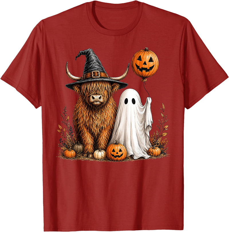 Fall Highland Cow Ghost Autumn Pumpkin Halloween Halloween Highland Cow, Spooky Highlander Cow Fall T-Shirt - Cranberry Red