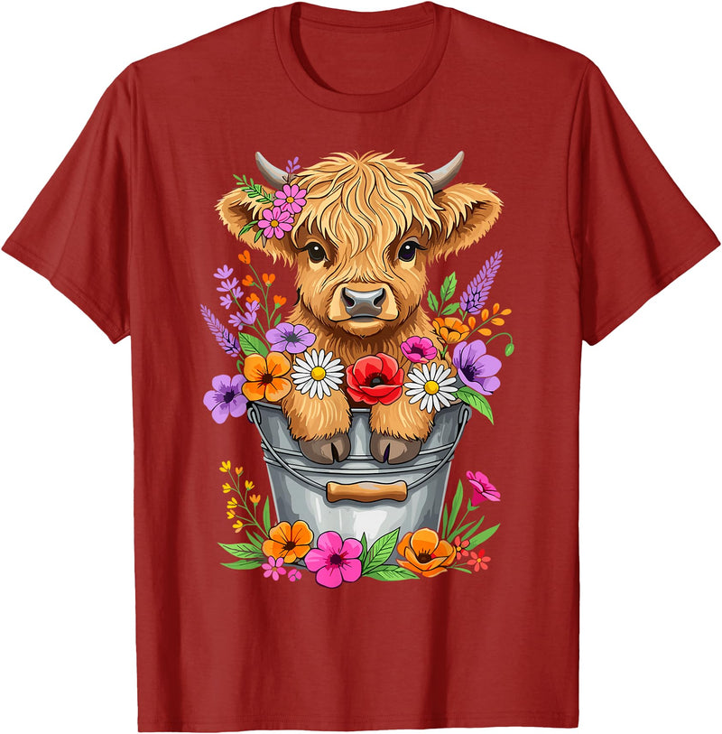 Funny Highland Cow Lovers Cute Baby Highland Cow Bucket Floral Farm T-Shirt - Cranberry Red
