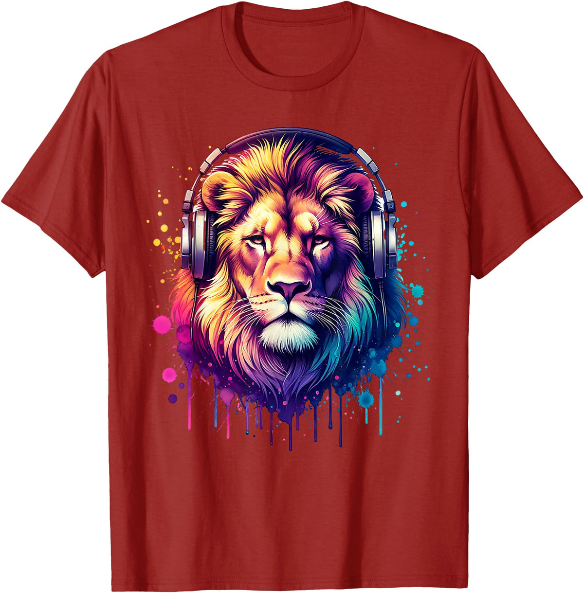 Funny Animal With Headphones Lion With Headphones T-Shirt - Cranberry Red