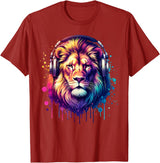 Funny Animal With Headphones Lion With Headphones T-Shirt - Cranberry Red