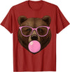 Bear Face Wearing Glasses Apparel For Women ladies Cute Bear Face Eating Gum and Makes Bubble Funny Bears Women T-Shirt - Cranberry Red