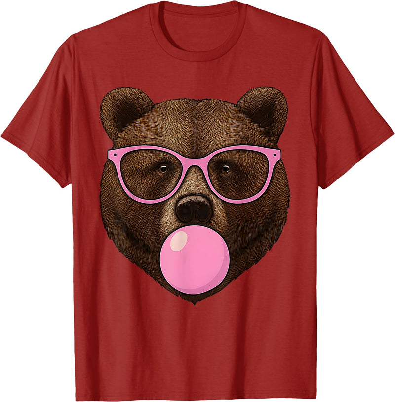 Bear Face Wearing Glasses Apparel For Women ladies Cute Bear Face Eating Gum and Makes Bubble Funny Bears Women T-Shirt - Cranberry Red