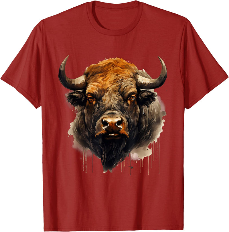 Safari Animal Art Buffalo Animal Print Portrait Bison Nature Artwork T-Shirt - Cranberry Red