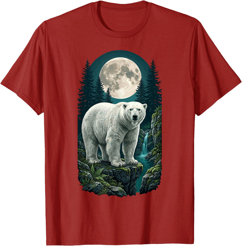 Polar Wilderness Fan Wildlife Lover Polar Bear Full Moon Night Forest Wildlife Nature Lover T-Shirt - Cranberry Red