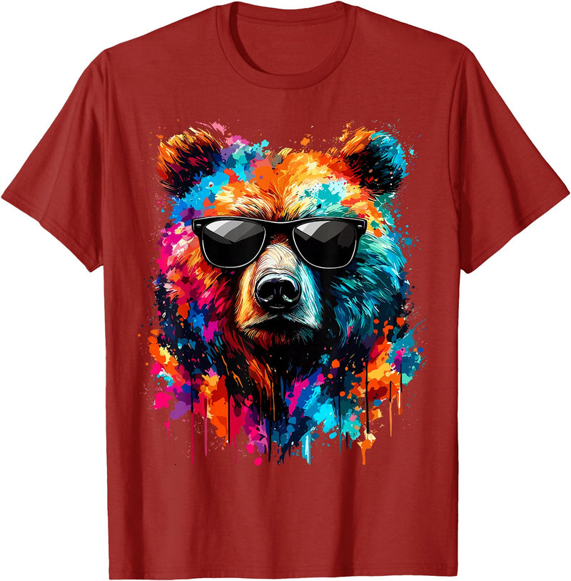 Funny Colorful Bear Lover Wildlife Colourful Bear with Sunglasses T-Shirt - Cranberry Red