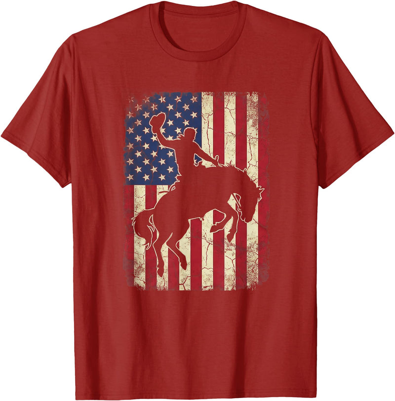 Cool Horse Riding 4th of July Clothes Rodeo Cowboy Western Country Bucking Horse USA Flag T-Shirt - Cranberry Red