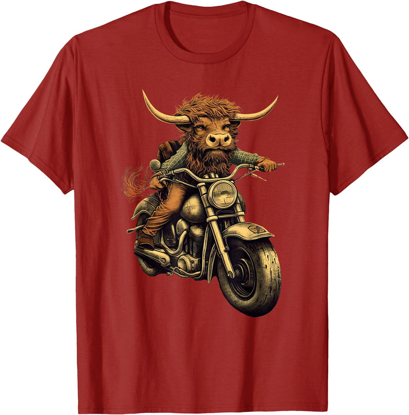 Scottish Highland Cow motorcycle Lovers gift Scottish Highland Cow Cattle Hairy Cow Rides motorcycle men T-Shirt - Cranberry
