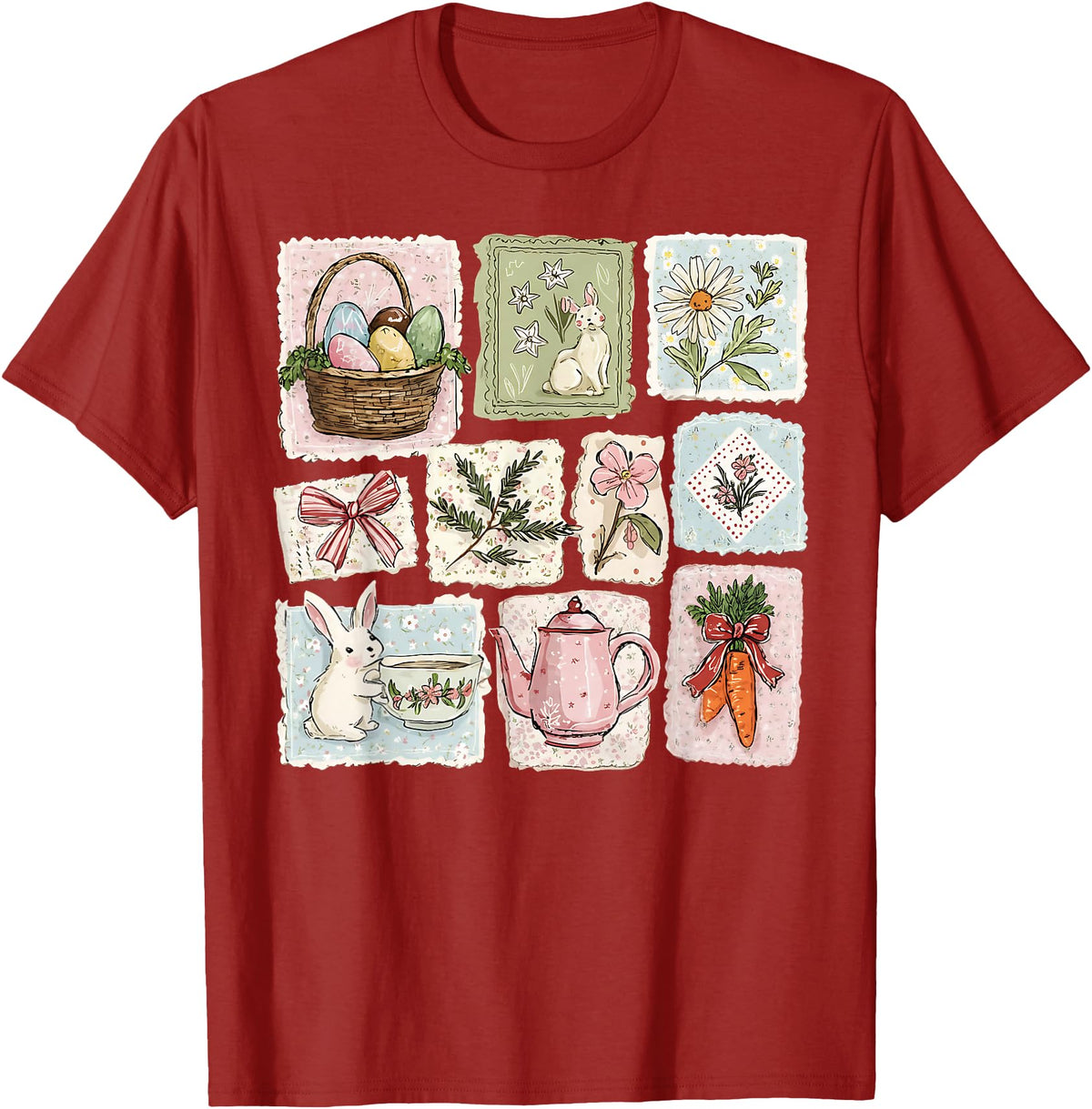 Floral Coquette Spring Easter Bunny Vintage Happy Easter T-Shirt in Cranberry Red