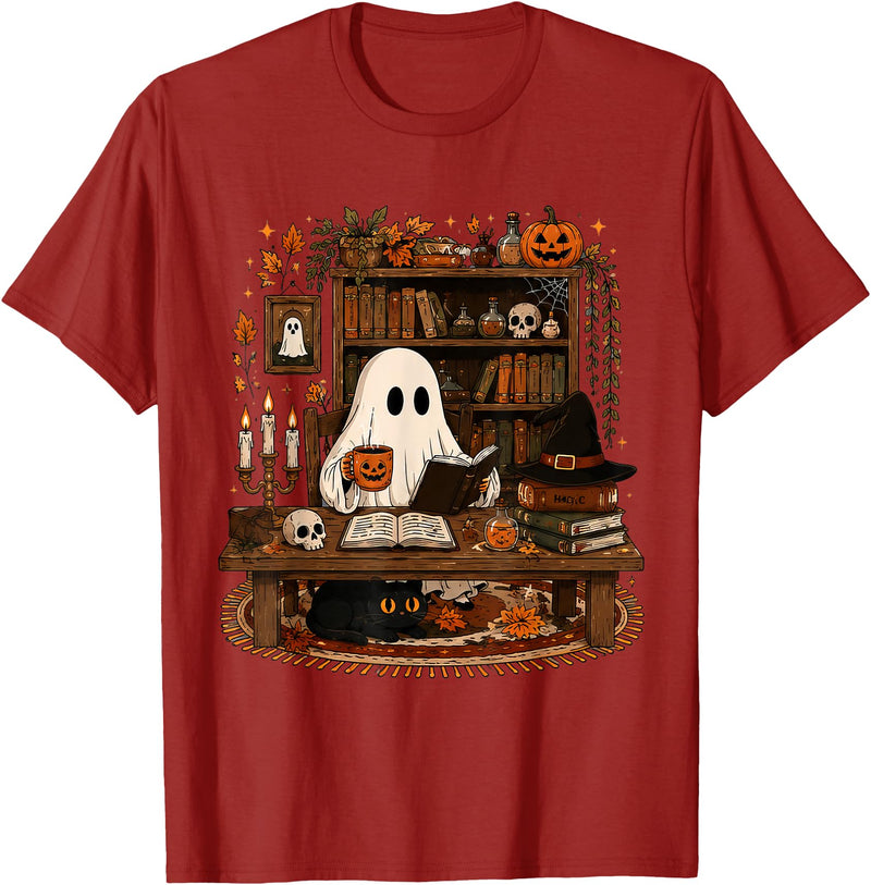 Retro Ghost Reading Funny Halloween Spooky Book Lover T-Shirt - Cranberry Red