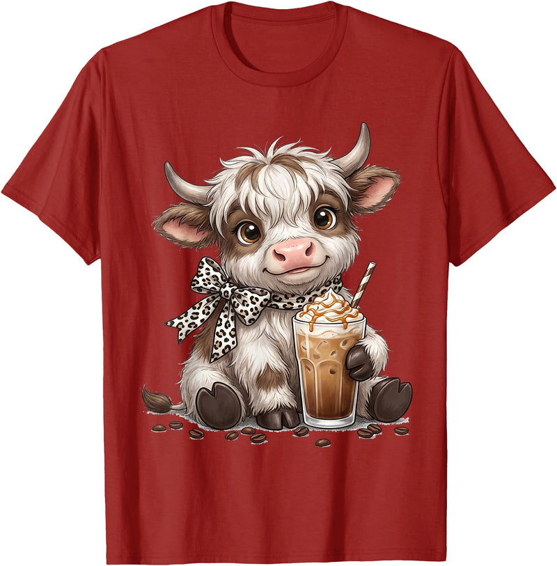Funny Highlander Cow Drinking Coffee Lover Designs Highland Cow Drinking Iced Coffee Lover Funny Animal Meme T-Shirt -