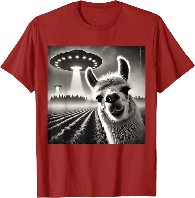 ÄLlamaAlpacaCo. Funny Llama Alpaca Selfie UFOs T-Shirt - Cranberry Red