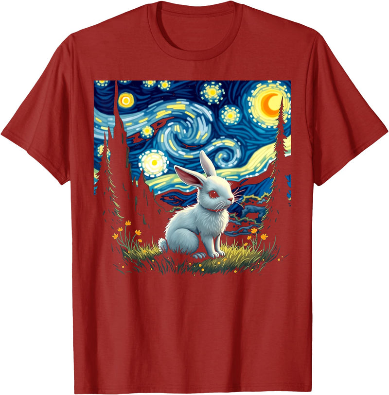 Rabbit Bunny Starry Night Van Gogh Graphic Art for Men Women T-Shirt in Cranberry Red