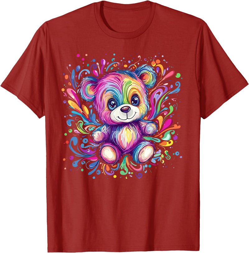 Vibrant Colorful Teddy Bear Illustration Rainbow Splash Teddy Bear T-Shirt - Cranberry Red