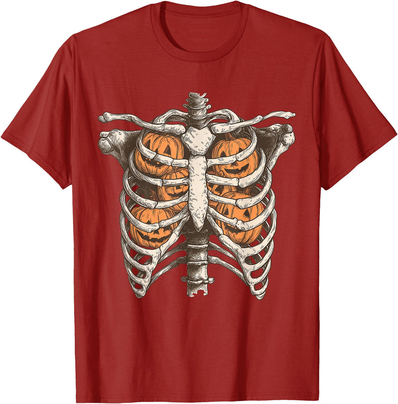 Ribcage Pumpkin Spooky Halloween Women Men Kids Retro Vintage 90s Ribcage Pumpkin Face Horror Halloween T-Shirt - Cranberry