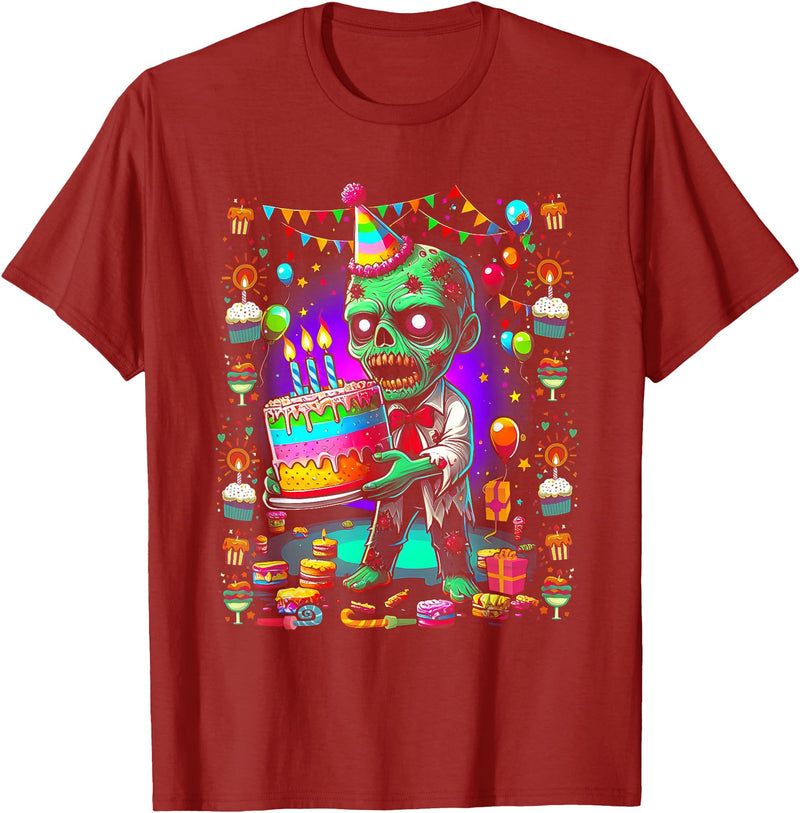 Zombie Holding Birthday Cake Halloween Birthday Horror Party T-Shirt - Cranberry Red