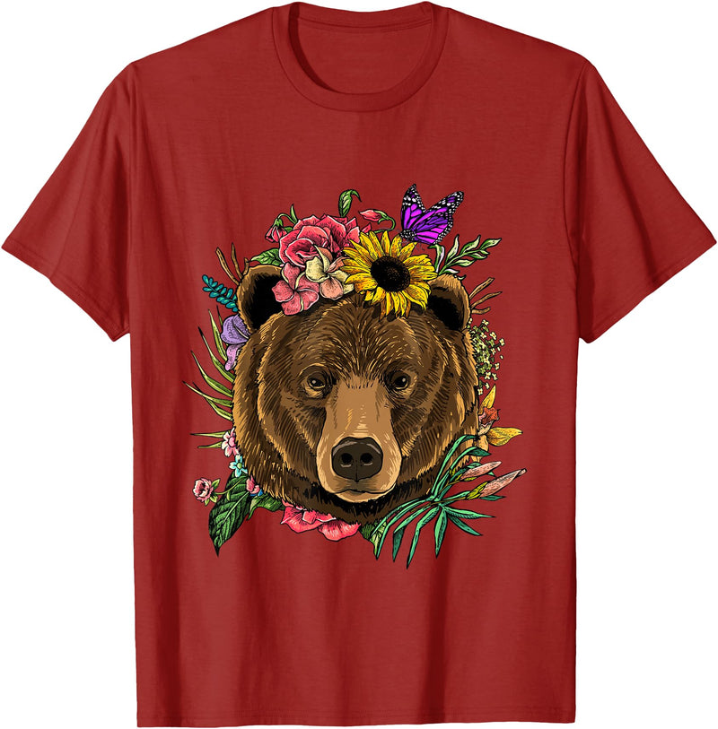 Wowsome! Bear Shirt Nature Floral Grizzly Bear Face Animal Bear Lover T-Shirt - Cranberry Red