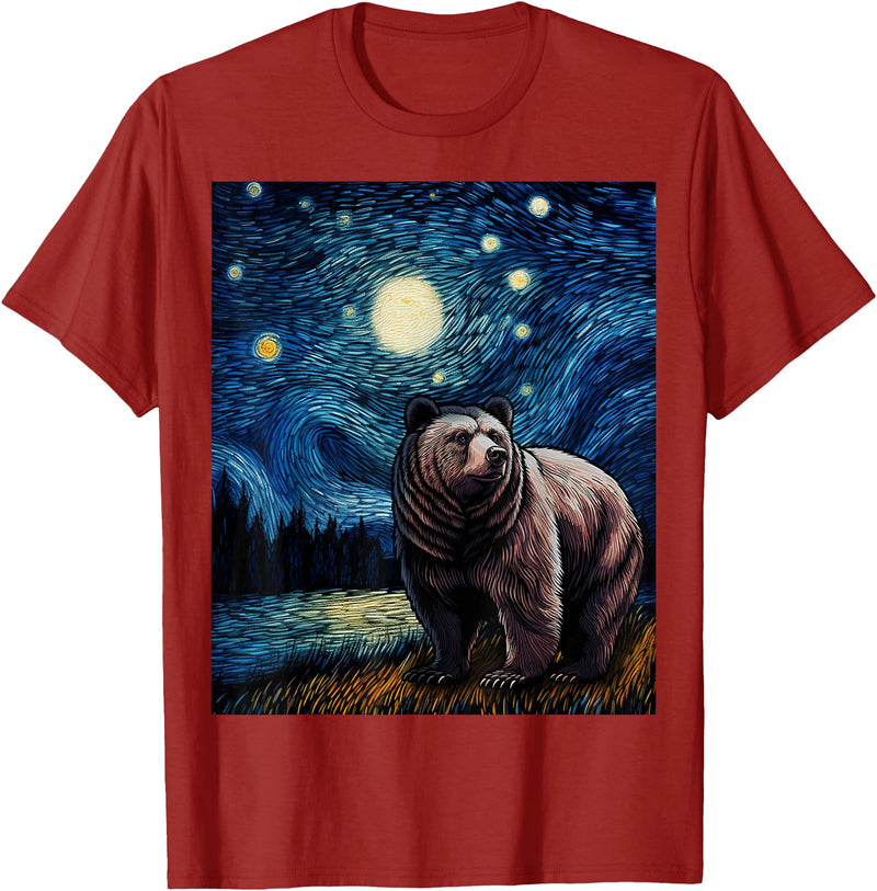 Starry Night Wildlife Graphic Grizzly Bear Van Gogh Starry Night Grizzlies Animal T-Shirt - Cranberry Red
