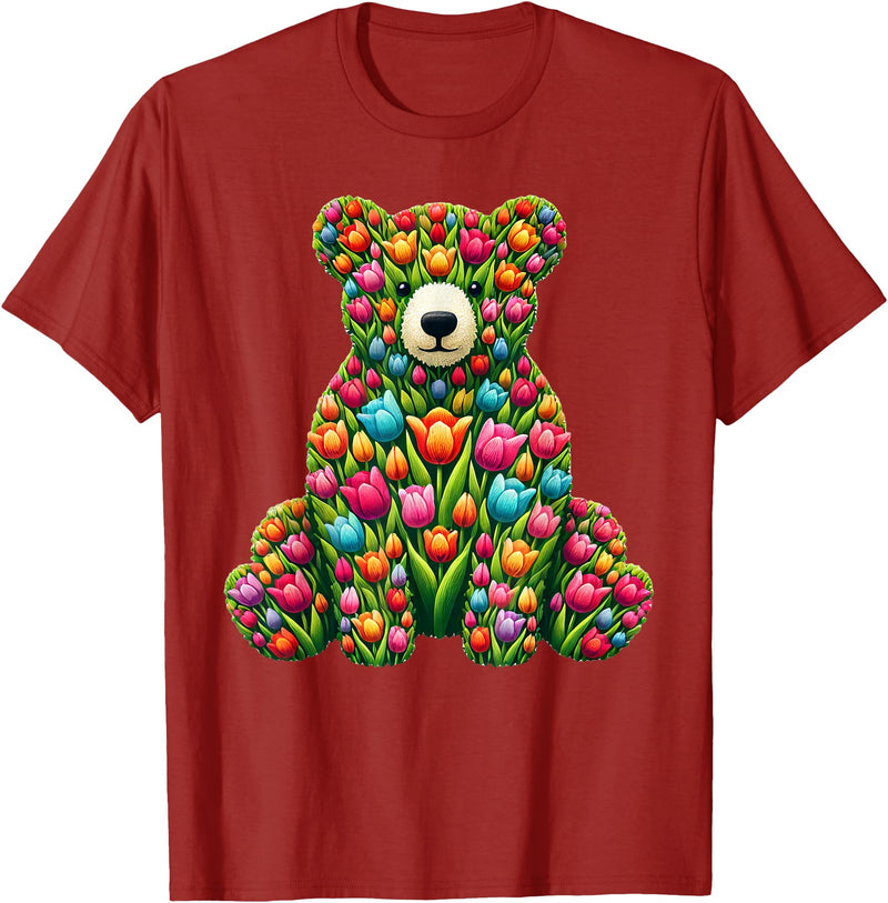 Tulips Bears Lover Flower Gardening Apparel Tulip Bear Flower Gardening Floral T-Shirt - Cranberry Red