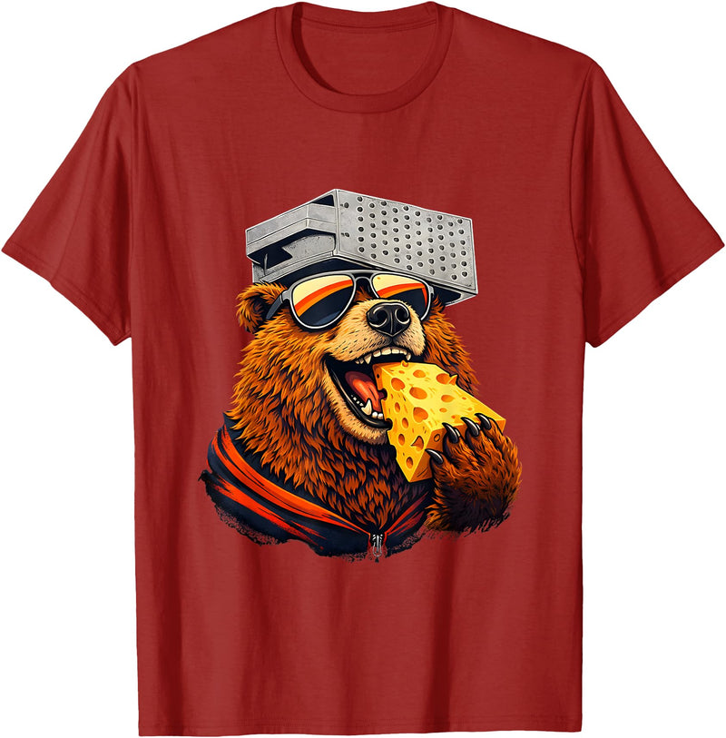 Retro Bear with Cheese for Boys Funny Animal humor Retro Bear Eating Cheese with a Grater Hat T-Shirt - Cranberry Red