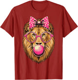 Magical and Funny Lion Gifts Lion with Bubble Gum and Pink Bow T-Shirt - Cranberry Red