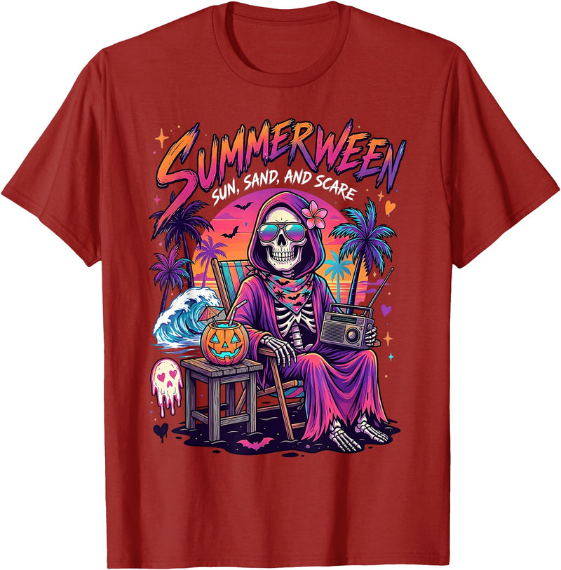 Summerween Halloween in July Spooky Summer Horror summerween Sun Sand and Scare Skeleton Halloween T-Shirt - Cranberry Red