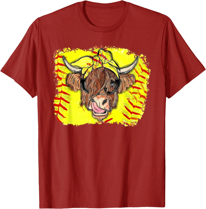 Softball Highland Cow With Bandana Glasses Happy Mother's T-Shirt - Cranberry Red