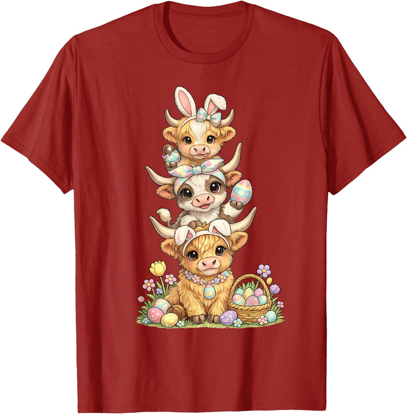 Western Easter Highland Cows Tees Western Easter Highland Cow Cute Bunny Cow Eggs Farmer Girls T-Shirt - Cranberry Red