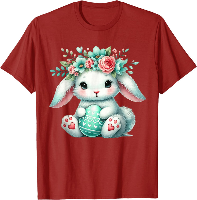 Easter Bunny with Flower Crown Girls Women Floral Cute T-Shirt in Cranberry Red