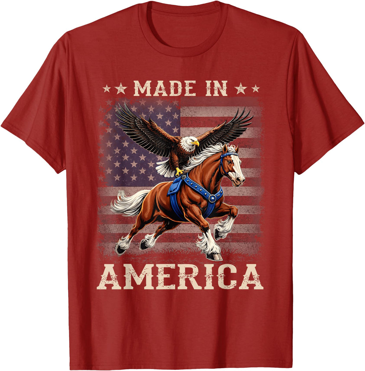 Made In America Patriotic Tees Made in America Western Horse Eagle USA Flag T-Shirt - Cranberry Red