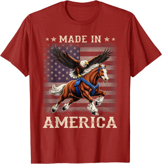 Made In America Patriotic Tees Made in America Western Horse Eagle USA Flag T-Shirt - Cranberry Red