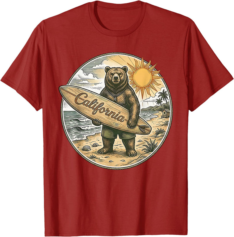 Retro Coastal Surf Bear Vintage Beach Apparel Vintage California Surf Bear Beach Retro Coastal Summer T-Shirt - Cranberry Red