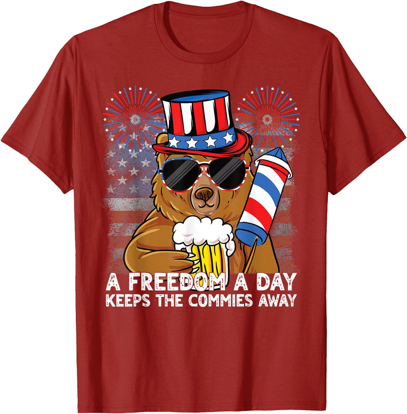 USA 4th of July A Freedom a Day Beer Bear A Freedom a Day Keeps the Commies Away 4th of July Bear Women Men T-Shirt - Cranberry Red