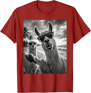 Funny Llama Stuff Accessories & Gifts Cool Llama Selfie At The Beach, Cute Llamas Alpaca T-Shirt - Cranberry Red