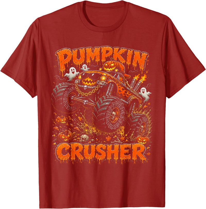 Pumpkin Crusher Kids Halloween Monster Truck Pumpkin Crusher Monster Truck Ghosts Halloween Boys T-Shirt - Cranberry Red