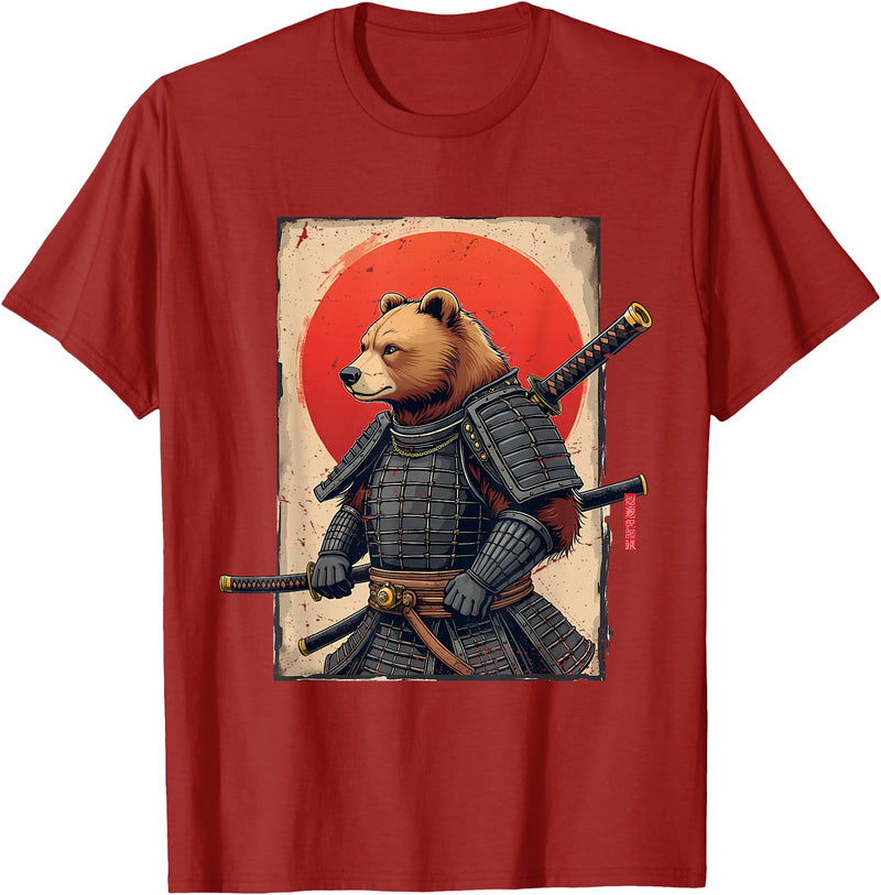 Japanese Samurai Bear Woodblock Art Samurai Brown Bear Ukiyo-e Ink Warrior Art Japanese Bear Art T-Shirt - Cranberry Red