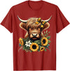 Cute Highland Cow and Coquette Bow Highland Cow with Sunflowers T-Shirt - Cranberry Red
