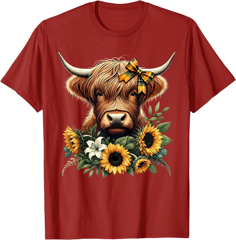 Cute Highland Cow and Coquette Bow Highland Cow with Sunflowers T-Shirt - Cranberry Red