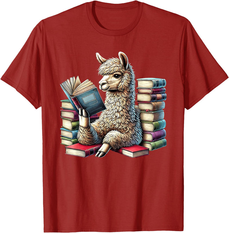 Llama Book Lover Llama Reading Book Reader Bookworm Alpaca Lover T-Shirt - Cranberry Red