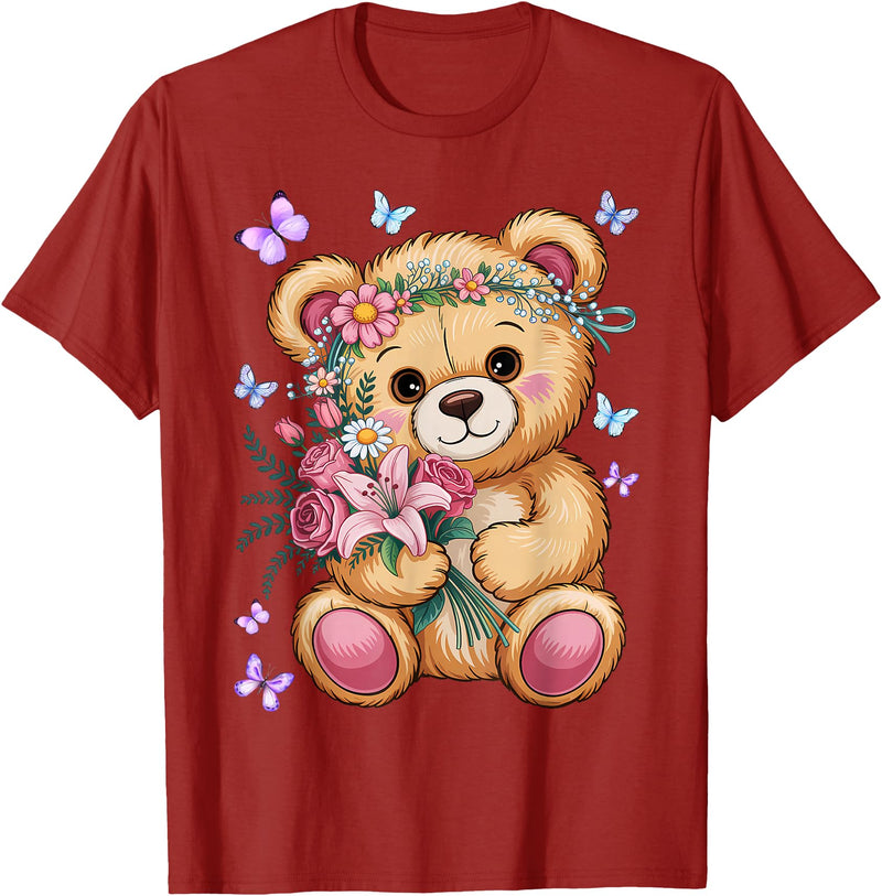 Bear Lover Gift Co. Cool Crowned Teddy Bear for Flowers Lovers T-Shirt - Cranberry Red