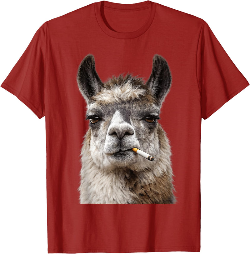 FunWearVM Funny Smoking Llama Cool Animal Lover with Attitude T-Shirt - Cranberry Red