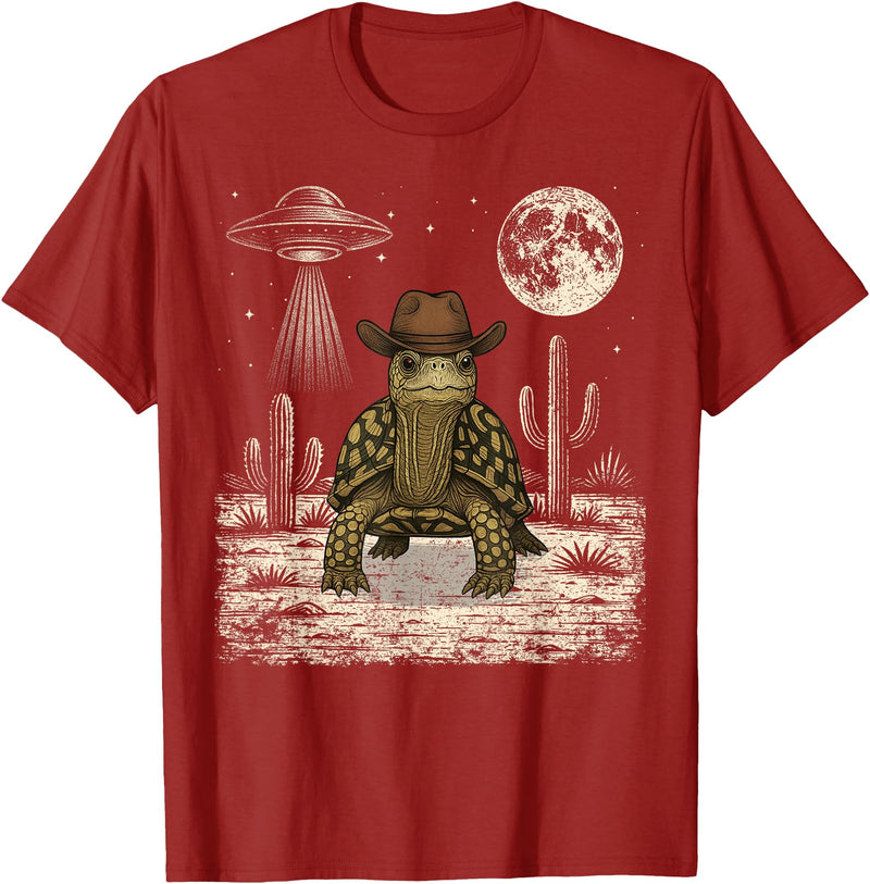 Retro Land Turtle Lover Halloween Moon Funny Eastern Box Turtle Cowboy Western UFO T-Shirt - Cranberry Red