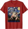 Cute Pigs Designs. Cute Pig Funny Van Gogh Style Starry Night Graphic T-Shirt - Cranberry Red