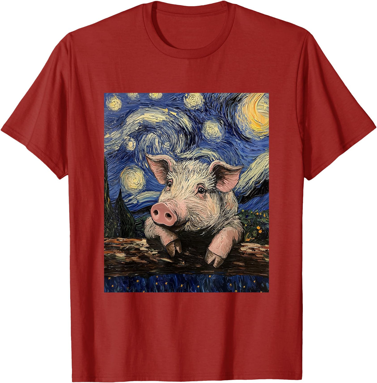 Cute Pigs Designs. Cute Pig Funny Van Gogh Style Starry Night Graphic T-Shirt - Cranberry Red